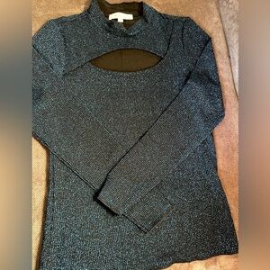 🩵🖤Cleo Stretch Blue/Black Front Cut Out Mock Neck Sparkly Top. Like New.